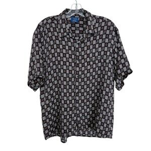 Vintage Silk Paisley Houndstooth Button Up Shirt Size Small Navy Blue Preppy 90s